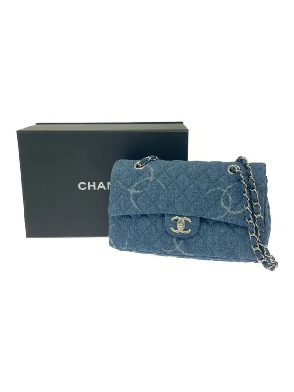 Chanel Quilted Denim Print Chain Shoulder Bag Blue